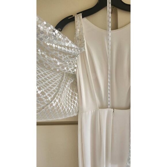 Sho(Tadashi Shoji) Ashley Backless Jumpsuit,  Ivory Crepe with Mate Silver Sequi - Picture 8 of 9